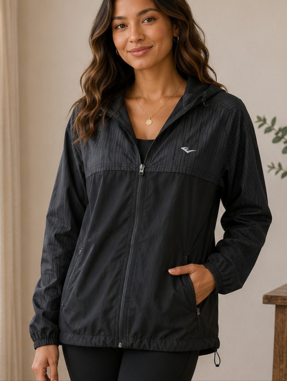 Everlast Hooded Windbreaker Jacket Large Black Full Zip Lightweight